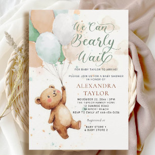 Bearly Wait Sage Green Tan Teddy Baby Boy Shower Invitation