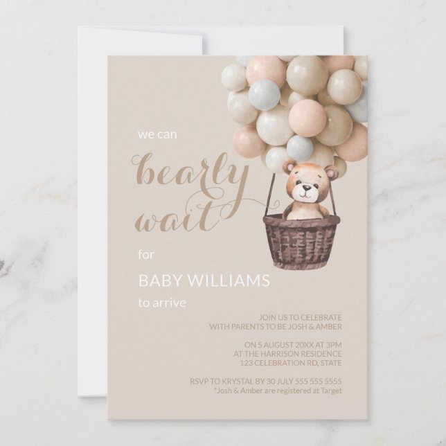 Bearly Wait Teddy Balloons Girl Baby Shower   Invitation (Front)