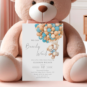 Bearly Wait Teddy Bear Baby Shower Blue Balloon Invitation