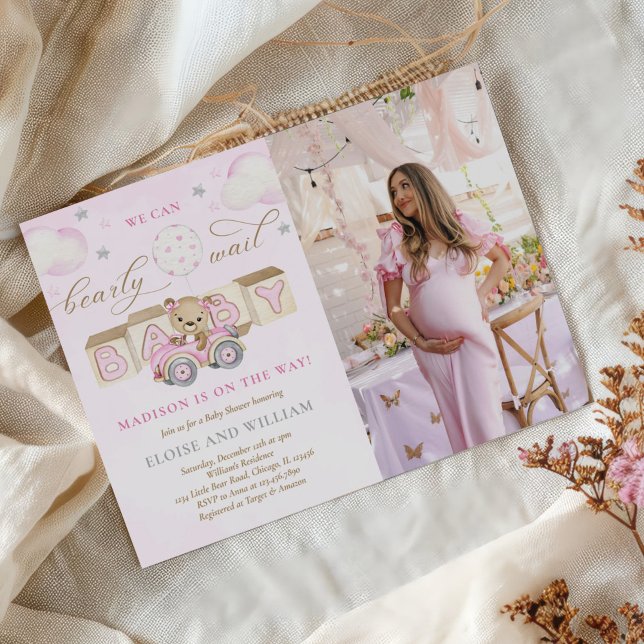 Bearly Wait Teddy Bear Baby Shower Pink Photo Invitation (Creator Uploaded)