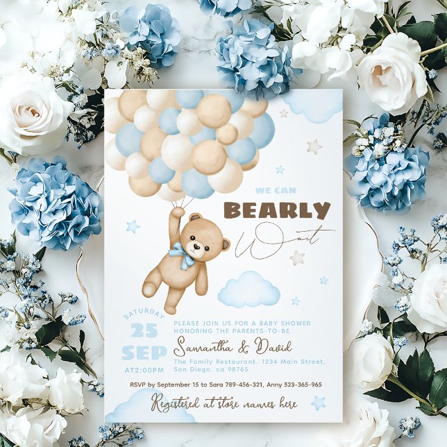 Bearly Wait Teddy Bear Balloon Boy Baby Shower Invitation (Creator Uploaded)