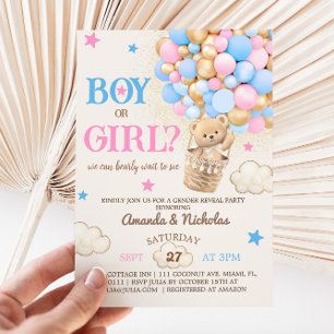 Bearly Wait Teddy Bear Balloons Gender Reveal Invitation