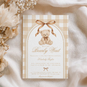 Bearly Wait Teddy Bear Beige Gingham Baby Shower Invitation