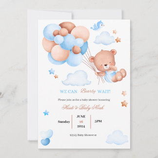 Bearly Wait Teddy Bear Blue Baby Shower Invitation