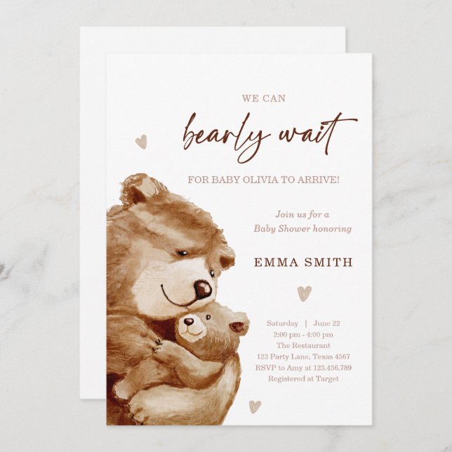 Bearly Wait Teddy Bear Boho Neutral Baby Shower Invitation (Front/Back)