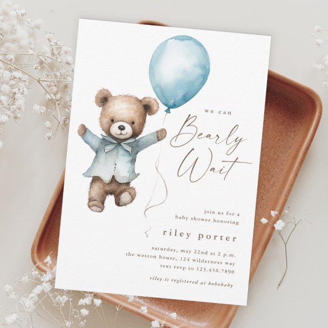Bearly Wait Teddy Bear Boys Baby Shower (Can Bearly Wait Blue Balloon Boys Baby Shower Magnetic Invitation.)