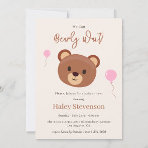 Bearly Wait Teddy Bear Brown Pink Girl Baby Shower Invitation