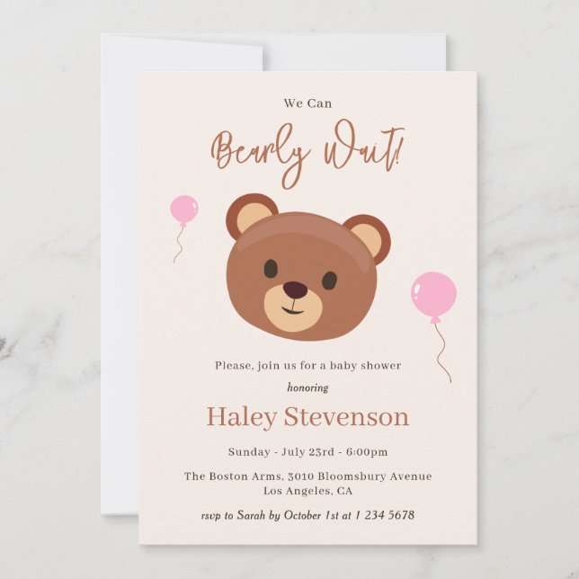 Bearly Wait Teddy Bear Brown Pink Girl Baby Shower Invitation (Front)