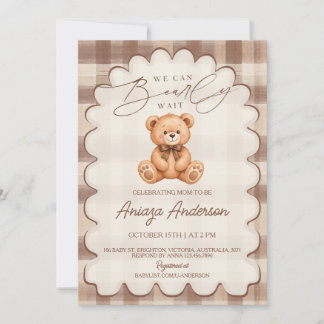 Bearly Wait Teddy Bear Brown Plaid Baby Shower Invitation