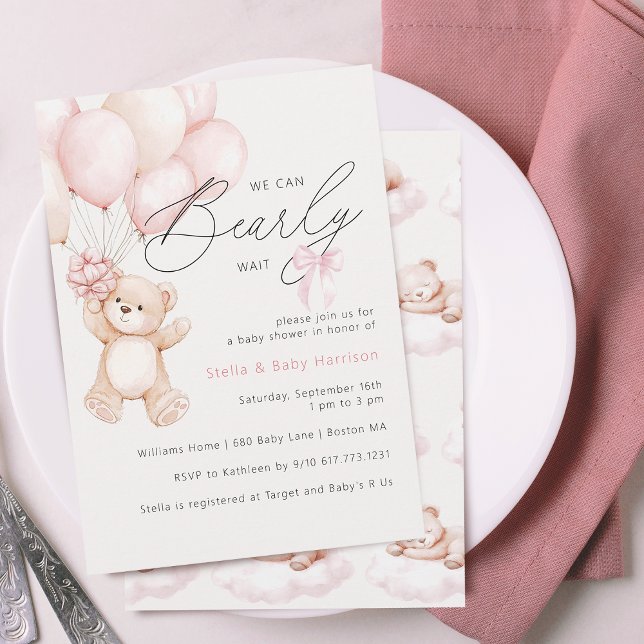 Bearly Wait Teddy Bear Girl Baby Shower Invitation (Bearly Wait Teddy Bear Girl Baby Shower Invitation)