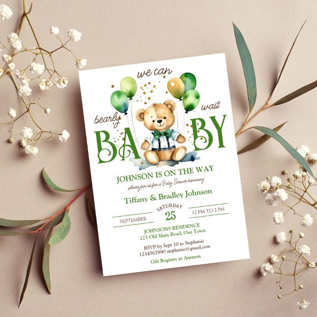 Bearly wait teddy bear green brown baby shower invitation (Bearly wait green and brown teddy bear baby shower template invitation instant digital download )