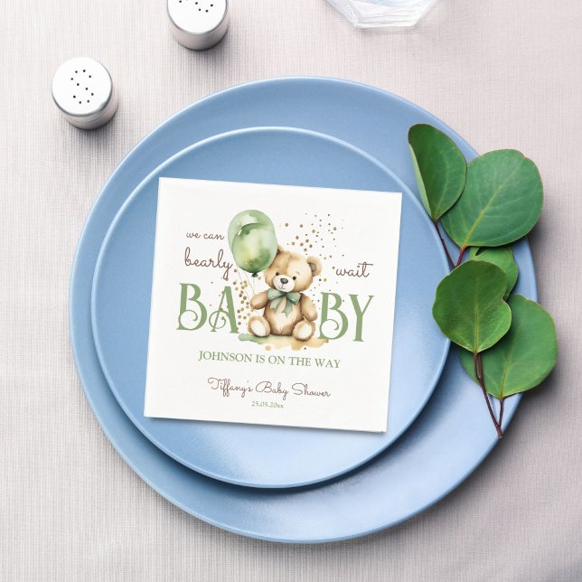 Bearly wait teddy bear green brown baby shower napkin (Bearly wait cute teddy bear sage green balloon baby shower monogram printed napkins table decor)