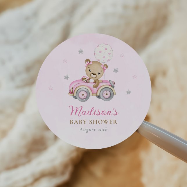 Bearly Wait Teddy Bear Pink Girl Baby Shower Classic Round Sticker (Creator Uploaded)
