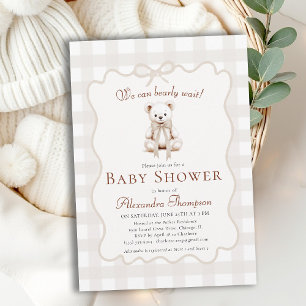 Bearly Wait Teddy Bow Neutral Gingham Baby Shower Invitation