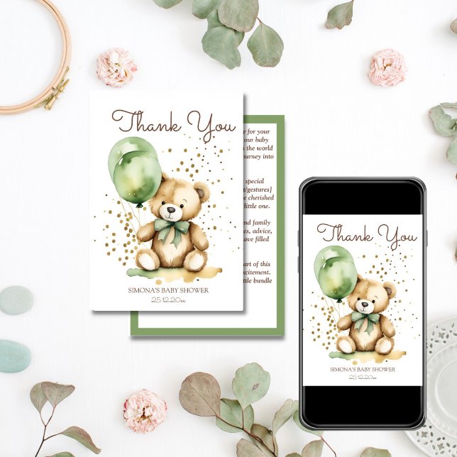 Bearly wait teddy green baby shower thank you card (Bearly wait teddy bear sage green balloons baby shower thank you card editable template download)