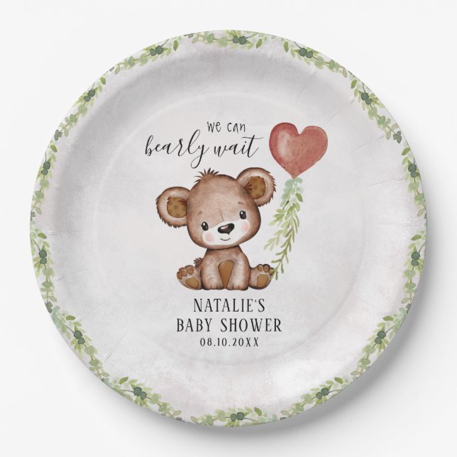 Bearly Wait Watercolor Bear Baby Shower Paper Plate (Front)