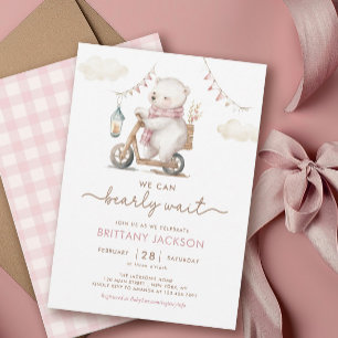 Bearly Wait White Teddy Bear Girl Baby Shower Invitation