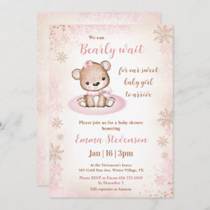 Bearly Wait Winter Bear Pink Gold Girl Baby Shower Invitation