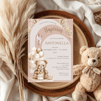 Bears and Balloons Girl Baptism Invitation