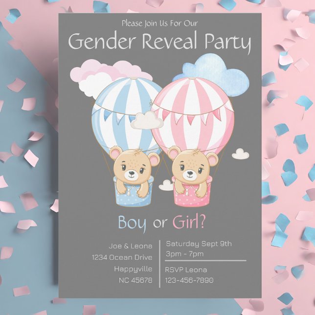 Bears & Balloons Gender Reveal Party Invitation (Bears and Balloons Gender Reveal Party Invitation)