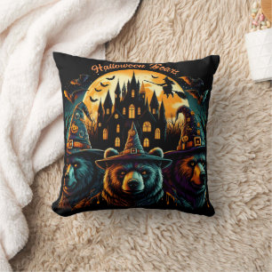 Bears celebrate Halloween under a spooky sky Cushion