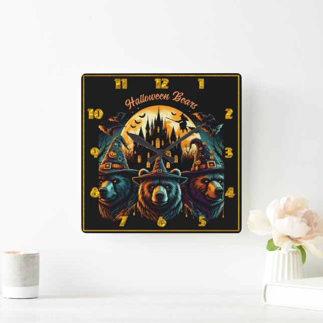 Bears celebrate Halloween under a spooky sky Square Wall Clock (Home)