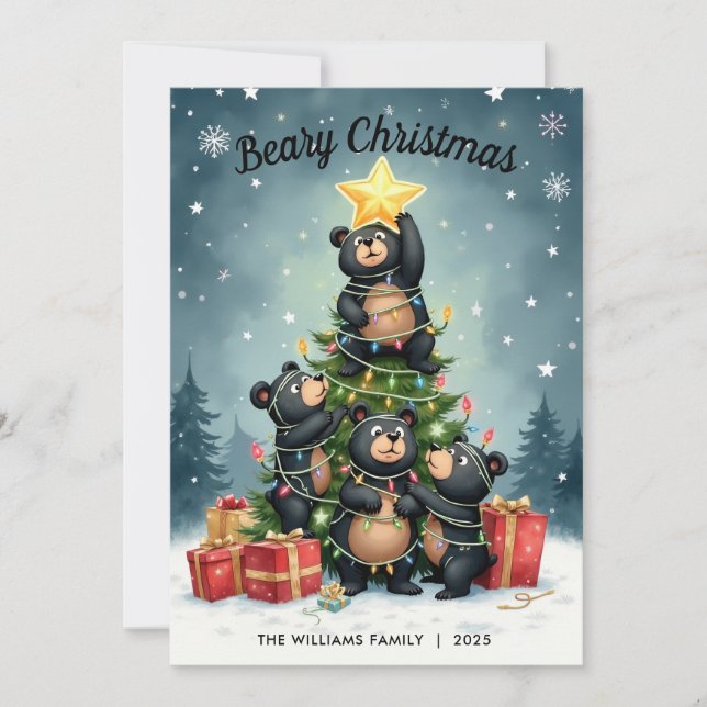 Bears Christmas Tree Family Name Christmas Card (Front)