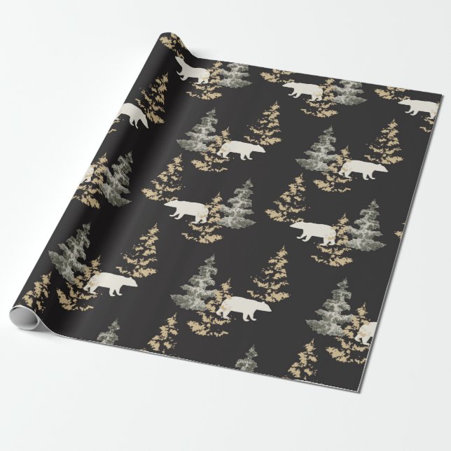 bears, fir trees black stone grey wrapping paper (Unrolled)