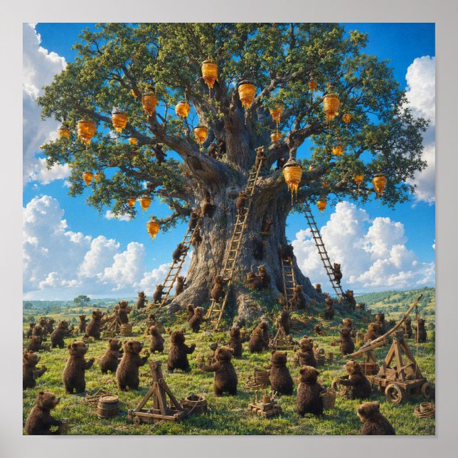 Bears Gathering Honey from Tree Poster (Front)