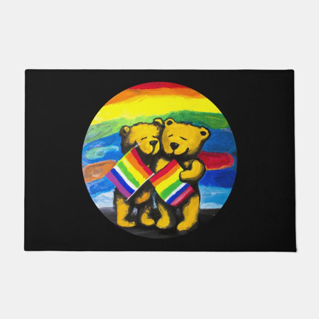 Bears Love Couple LGBT Rainbow Flag Doormat (Front)