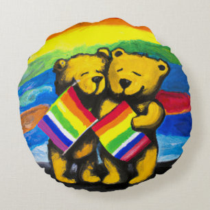 Bears Love Couple LGBT Rainbow Flag Round Cushion