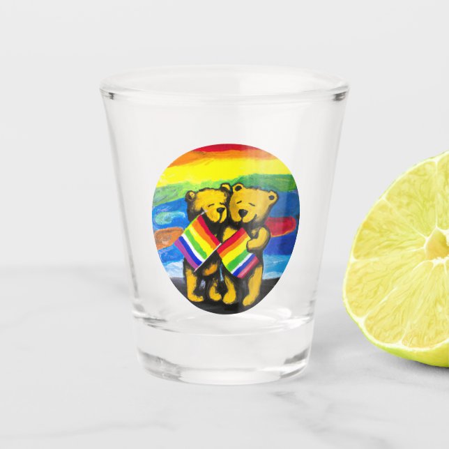 Bears Love Couple LGBT Rainbow Flag Shot Glass (Front)
