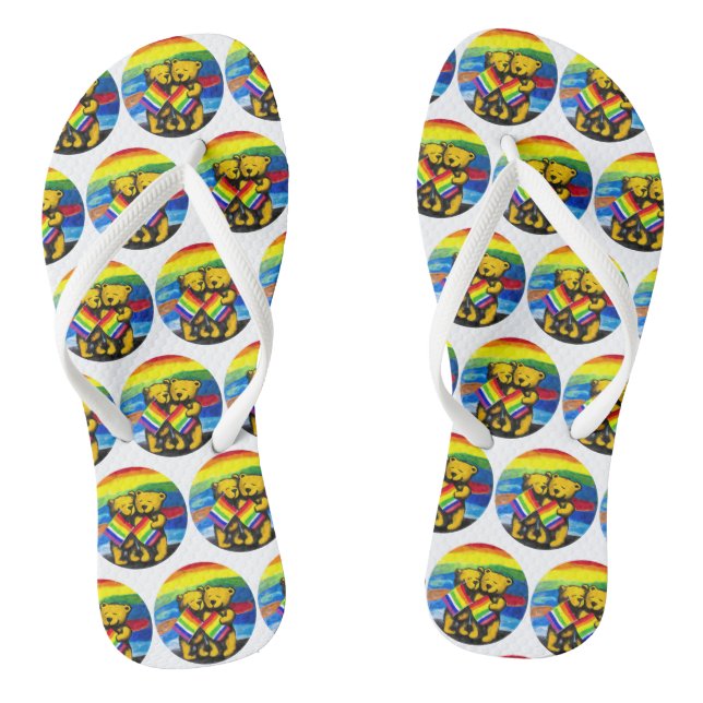 Bears Love Couple LGBT Rainbow Flag Thongs (Footbed)