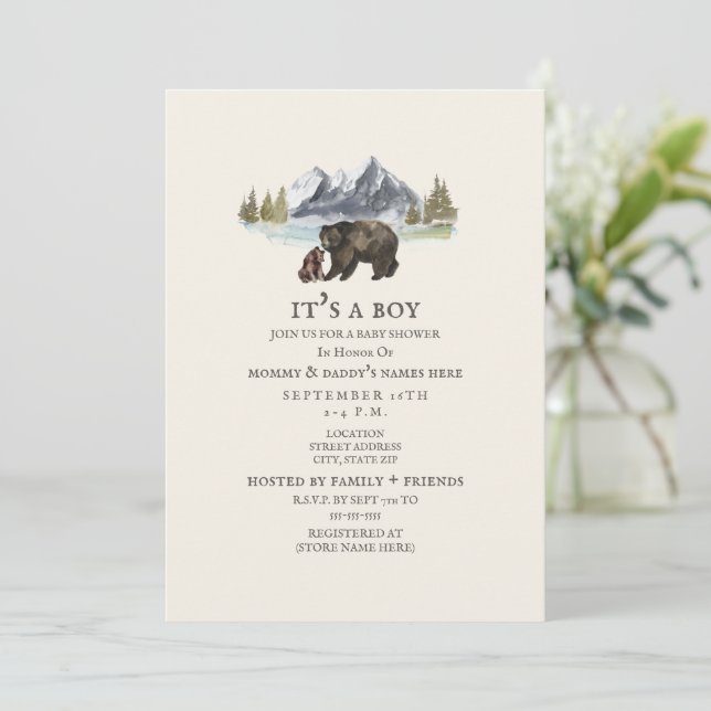 Bears Mountain Watercolor Baby Shower Invitation (Standing Front)