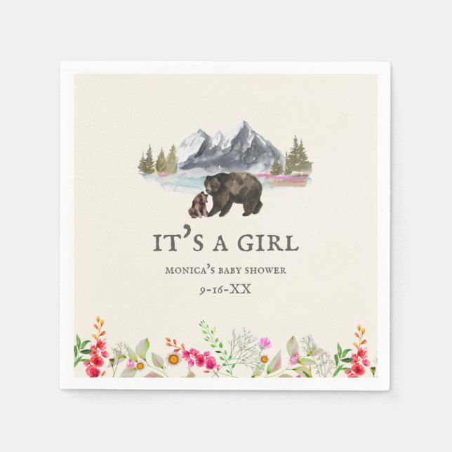 Bears Mountains Floral Girl Baby Shower Napkin (Front)