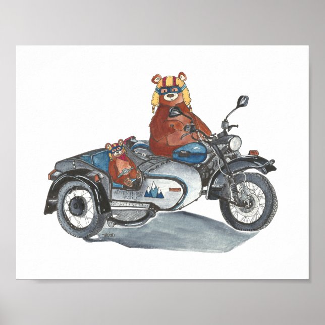 Bears on Motorcycle with Sidecar Adventure Awaits Poster (Front)