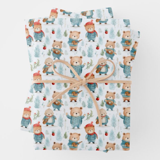 Bears Plaid Rustic Winter Christmas Pattern Wrapping Paper Sheet (In situ)