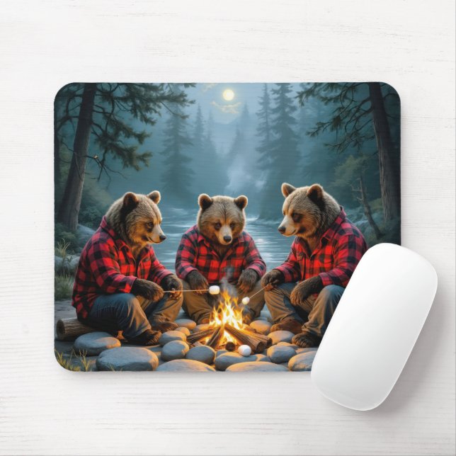 Bears Roasting Marshmallows at a Campfire Mouse Pad (With Mouse)