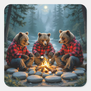 Bears Roasting Marshmallows Over a Campfire Square Sticker