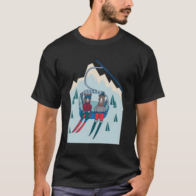 Bears Sitting In Ski Lift In The Mountains Christm T-Shirt (Front)