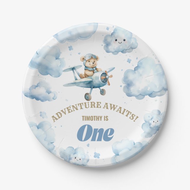 Bear's Skyward Soiree: First Birthday Paper Plate (Front)