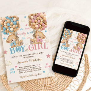 Bears Stars & Balloons Pink Blue Gender Reveal Invitation