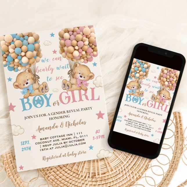 Bears Stars & Balloons Pink Blue Gender Reveal Invitation (Creator Uploaded)