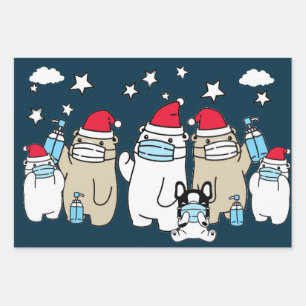 BEARS WEARING MASKS AND SANTA HATS WRAPPING PAPER