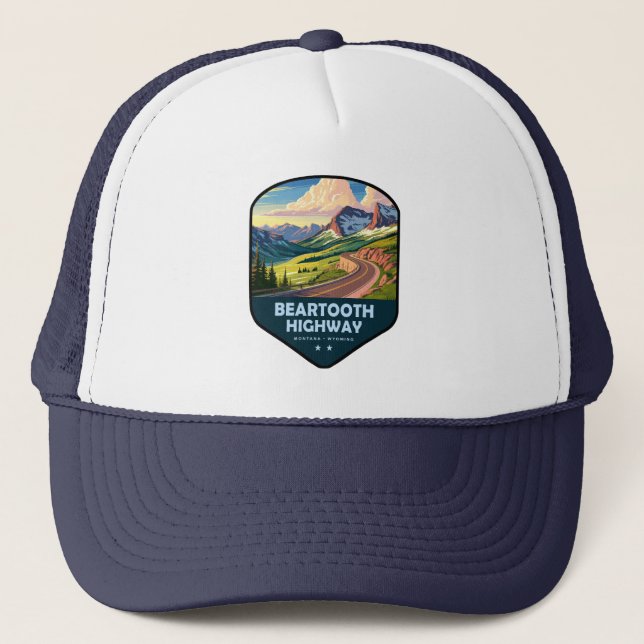 Beartooth Highway Montana Wyoming Shield Trucker Hat (Front)