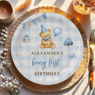 Beary 1st Birthday Bear Blue Balloon Paper Plate