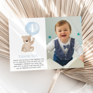 Beary 1st Birthday Bear Blue Balloon Photo Flat Thank You Card