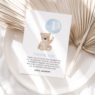 Beary 1st Birthday Bear Blue Balloon Thank You Card