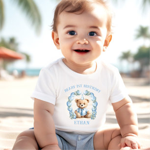 Beary 1st Birthday Bear Blue Beige Baby T-shirt
