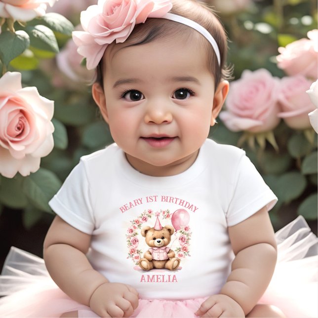 Beary 1st Birthday Bear Girl Pink Baby T-shirt (Beary 1st Birthday Bear Girl Pink Baby T-shirt)